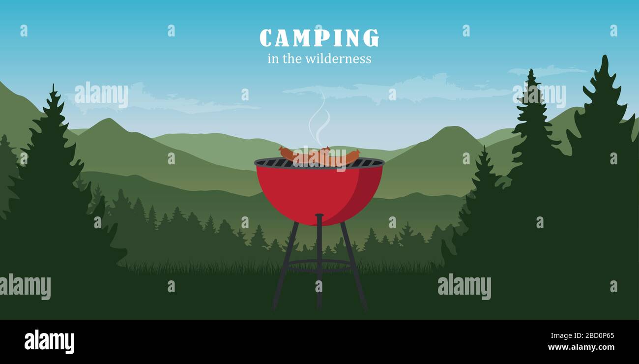 Camping-Abenteuer in der Wildnis mit Wasserkocher Grill bbq Vektorgrafiken EPS10 Stock Vektor