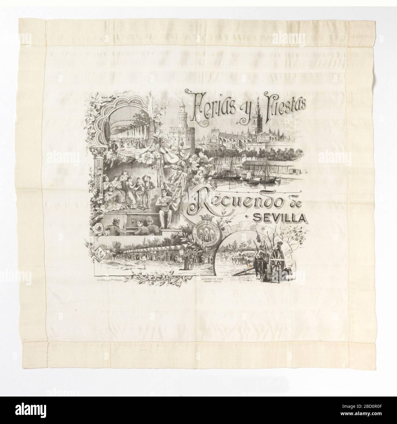Taschentuch. Recherchen in ProgressSoufir Taschentuch, die sechs Vignetten aus Sevilla zeigen, darunter die Kathedrale, La Giralda, eine Flamenco-Vorstellung, Viehhaltung und eine Reihe von Festzelten. Für die Aprilmesse in Sevilla gemacht. Enthält den Text "ferias y Fiestas" und "Recuerdo de Sevilla". Taschentuch Stockfoto
