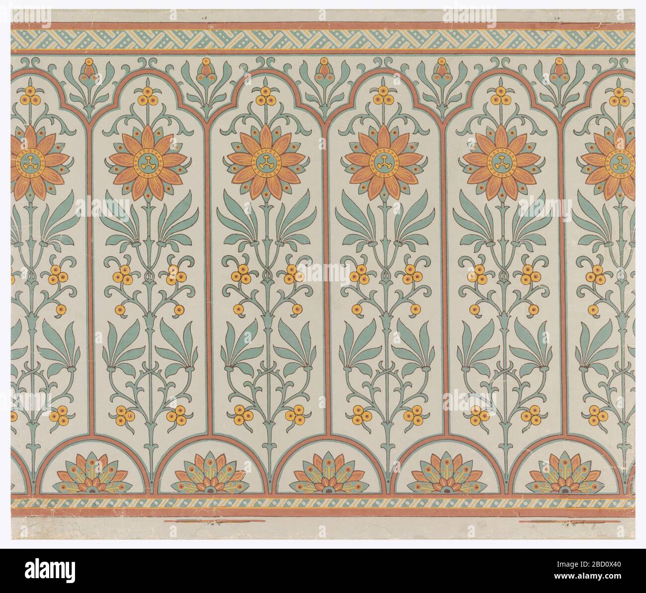 Japanische Passionsblume. Forschung in ProgressNarrow Bändern geometrischer Verzierung oben und unten. Lange schmale Paneele, mit Baumfolienkopf, Satz mit konventionalisierter axialer Passionsblume, über kleinen tangentialen Halbkreisen, die konventionelle Halbwasserlilien umschließen. Japanische Passionsblume Stockfoto