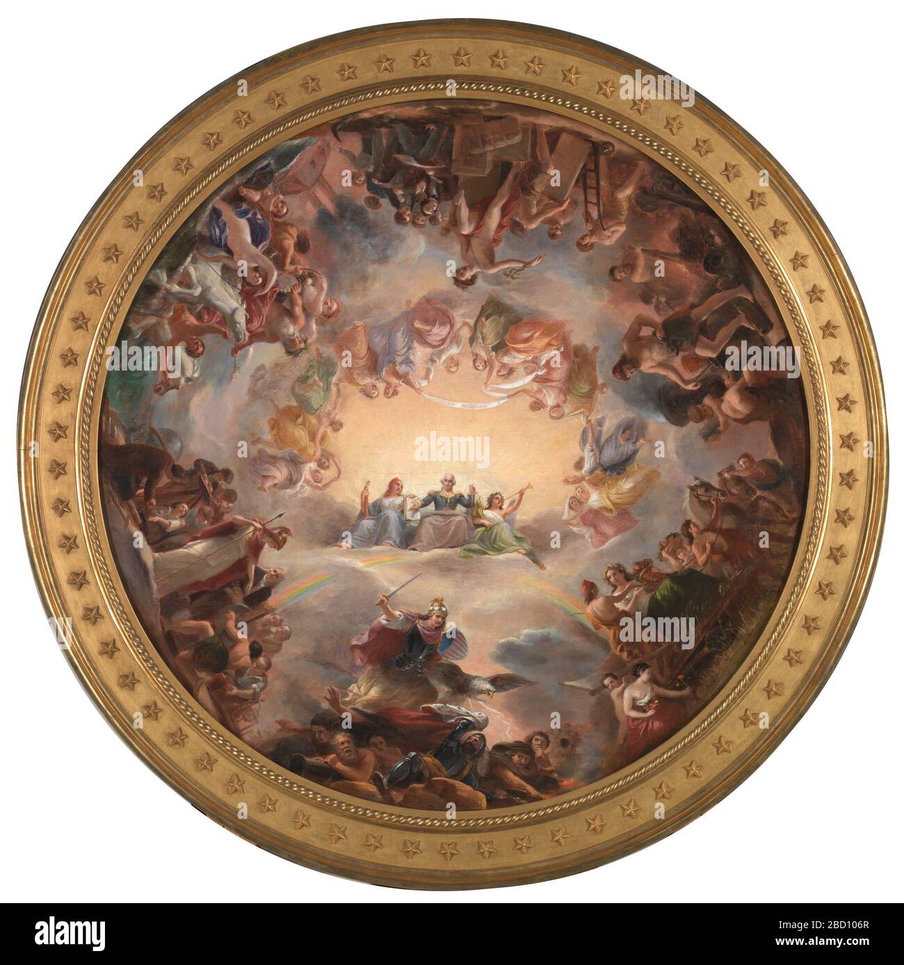 Studie zur Apotheose Washingtons in der Rotunde des United States Capitol Building. Brumidi wurde beauftragt, die Deckendekoration in der Rotunde des Kapitols der Vereinigten Staaten zu malen, und stellte diese Studie vor, um die Genehmigung zu erhalten, mit der das monumentale Werk begonnen werden sollte. Stockfoto