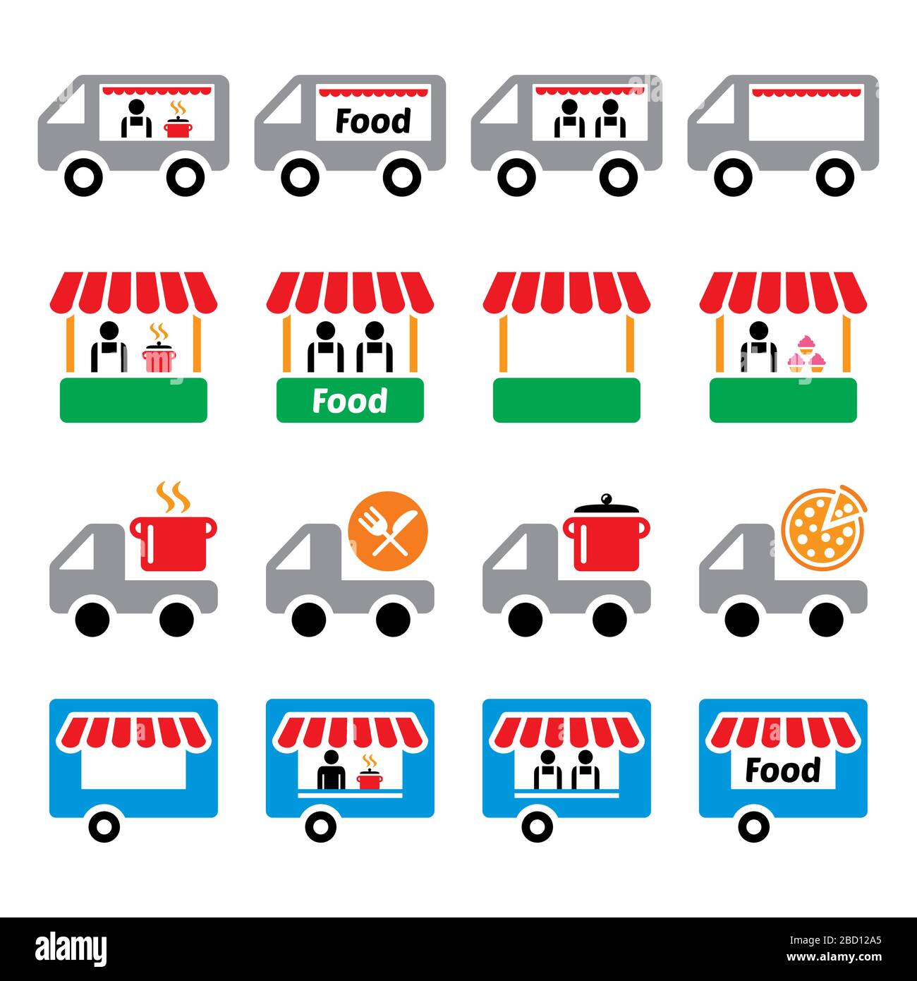 Food Truck, Food-Stand, Food-Trailer, Food-Delivery - Pizza, Farmer's Market Vector Icons Set Stock Vektor