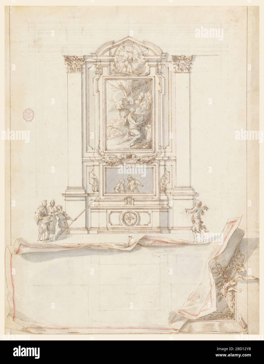 Design für eine Altar-Elevation mit Trompe LOeil Plan unten. Die Forschung in ProgressCentrally hat die Erhebung eines Altars, der ein Gemälde eines penienten Heiligen in der Wildnis zeigt, angebracht. Die Köpfe zweier Cherubs sind oben in einem kreisförmigen Rahmen zu sehen. Das Altarblatt wird von korinthischen überkrönten Pilastern flankiert. Design für eine Altar-Elevation mit Trompe LOeil Plan unten Stockfoto