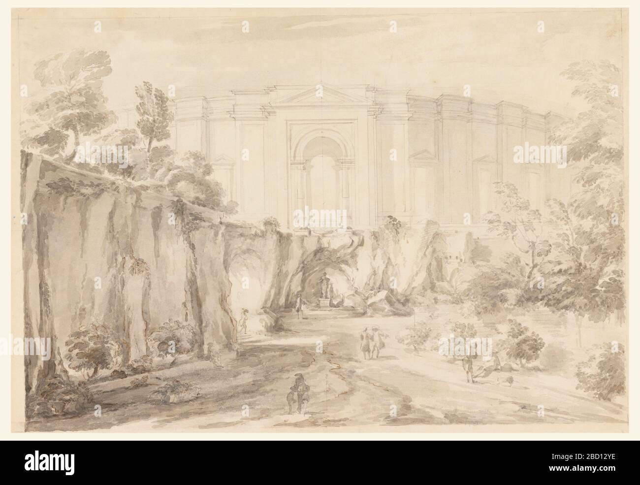 Design für ein Einrad Villa Albani Rom Italien. Forschung in ProgressRocky Landschaft vor dem Gebäude. Höhe eines einstöckigen Rundbaus mit Pilastern, Fenstern und einem zentralen Türdurchgang, der einen Springbrunnen mit zwei Sphinxen enthält. Auf unterer Ebene unterhalb des Brunnens eine Grotte mit stehender weiblicher Gottheit. Design für ein Einrad Villa Albani Rom Italien Stockfoto