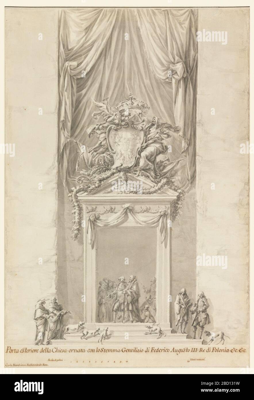 Tor von San Salvatore in Lauro mit Dekoration für die Beerdigung von König Friedrich August III. Von Polen Rom Italien. Design für eine Tür mit Figuren und Hunden. Nach dem Pediment das königliche Wappen. Tor von San Salvatore in Lauro mit Dekoration für die Beerdigung von König Friedrich August III. Von Polen Rom Italien Stockfoto