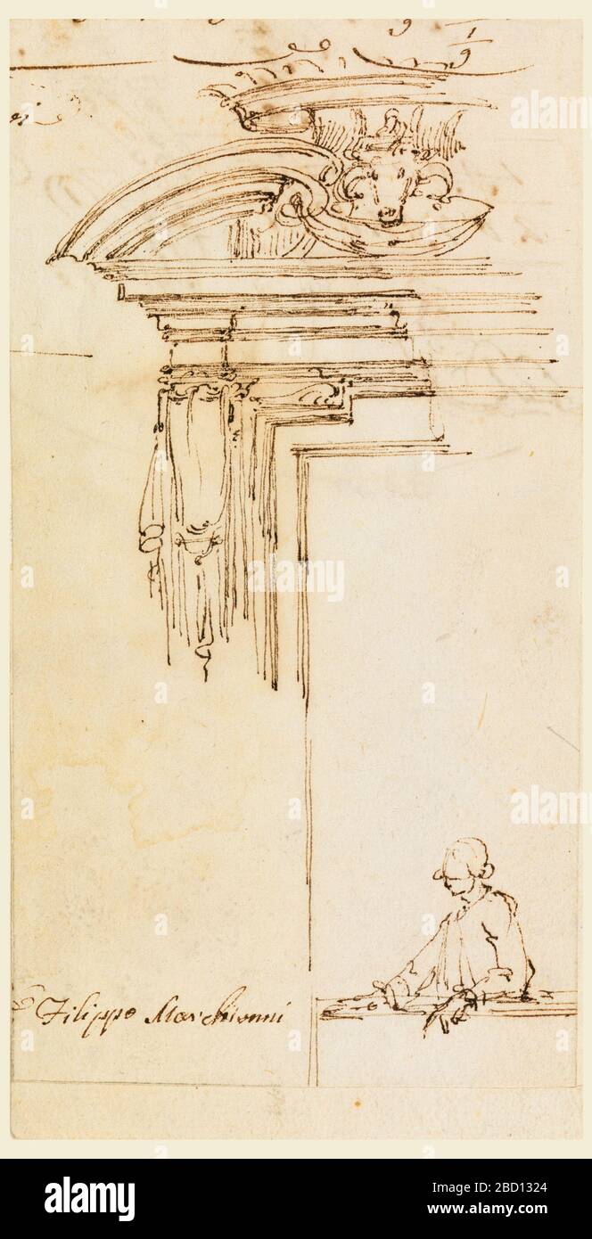 Design für einen Fenstercase. Forschung in ProgressA abgebrochen, mit dem Kopf des Widders in der Mitte über einer von den Gesimsen getragenen Draperie; oben eine Krone. In der Fensteröffnung befindet sich der obere Teil eines Mannes, dessen Hände auf einem horizontalen Balken ruhen. Über einigen Resten von Konten. Design für einen Fenstercase Stockfoto