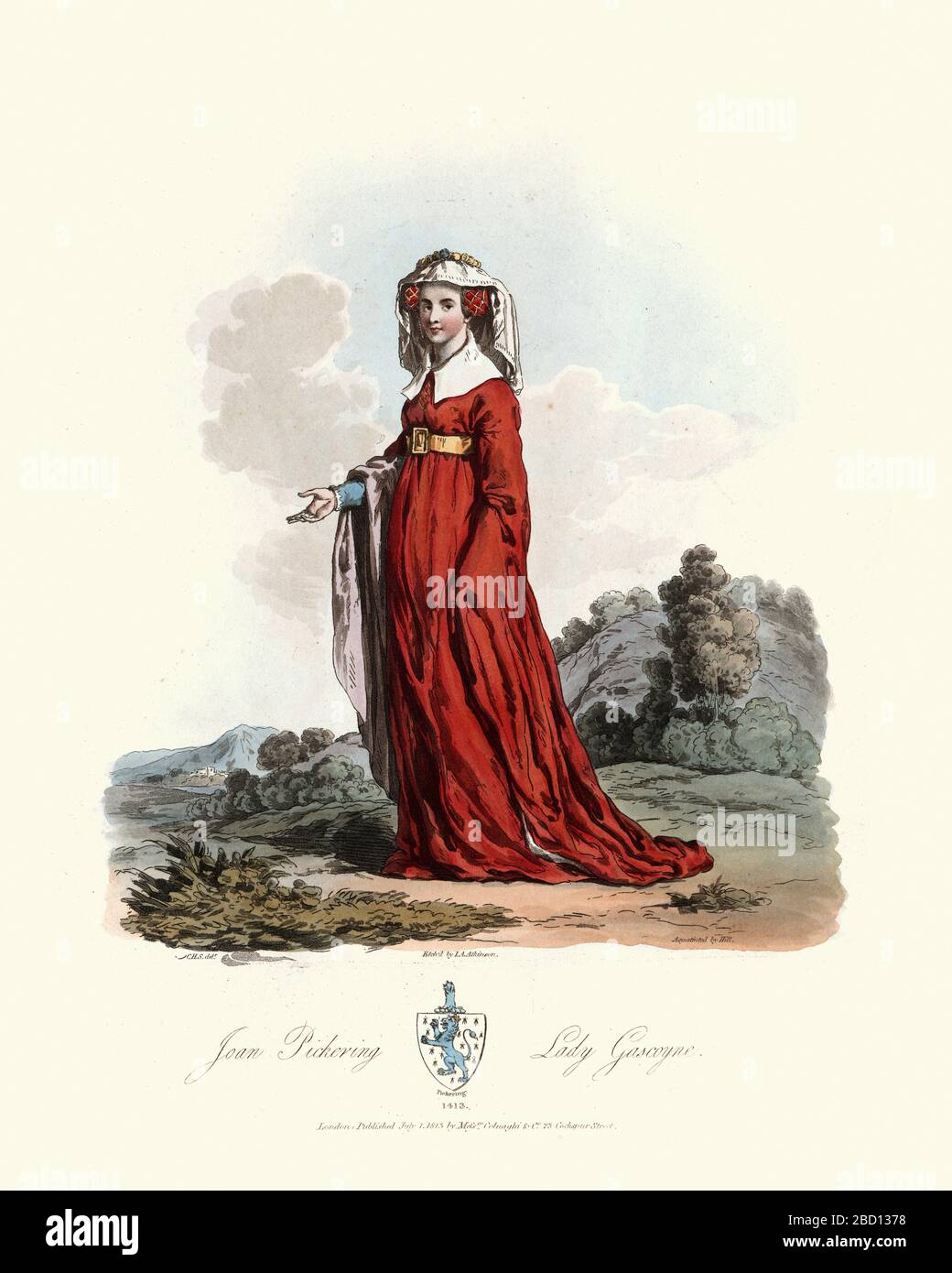 Mittelaltermode, junge Mittelalterfrau, die ein langes rotes Kleid trägt. Joan de Pickering, Lady Gascoigne, 15. Jahrhundert. Frau von Sir William Gascoigne. Stockfoto