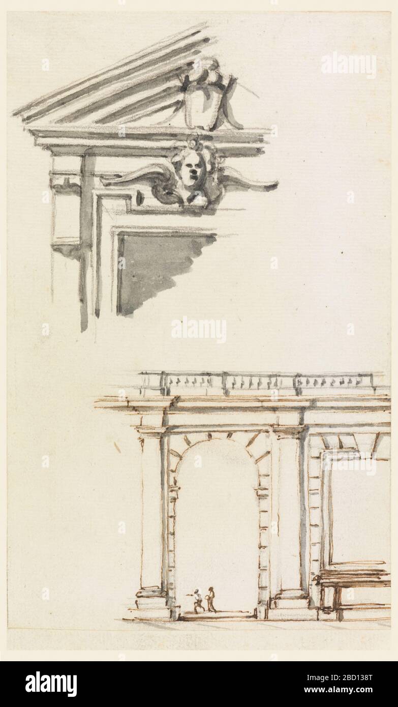 Design für Fenstergehäuse und Teil einer Colonnade. Forschung im ProgressSurbased Pediment mit einem Cherub über dem Fensterrahmen; darunter ein eingeschossiger Aufbau, mit einer Balustrade über der Traufe, unterstützt von eingebetteten Säulen. Design für Fenstergehäuse und Teil einer Colonnade Stockfoto