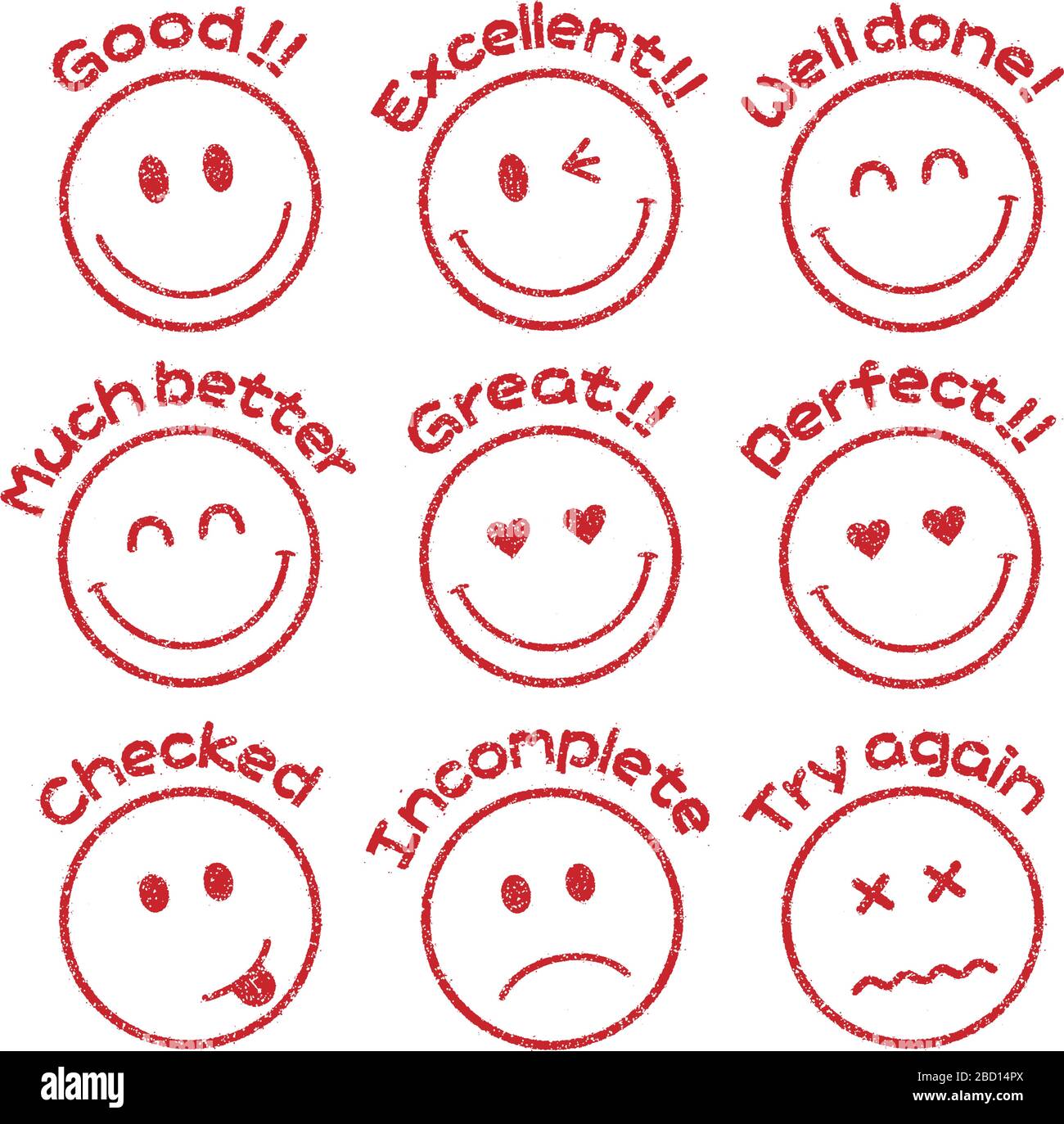 Emoticons/Gesichtsmarkensymbol für den Bildungsbereich usw. (gut!, ausgezeichnet, unvollständig, geprüft usw.) Stock Vektor