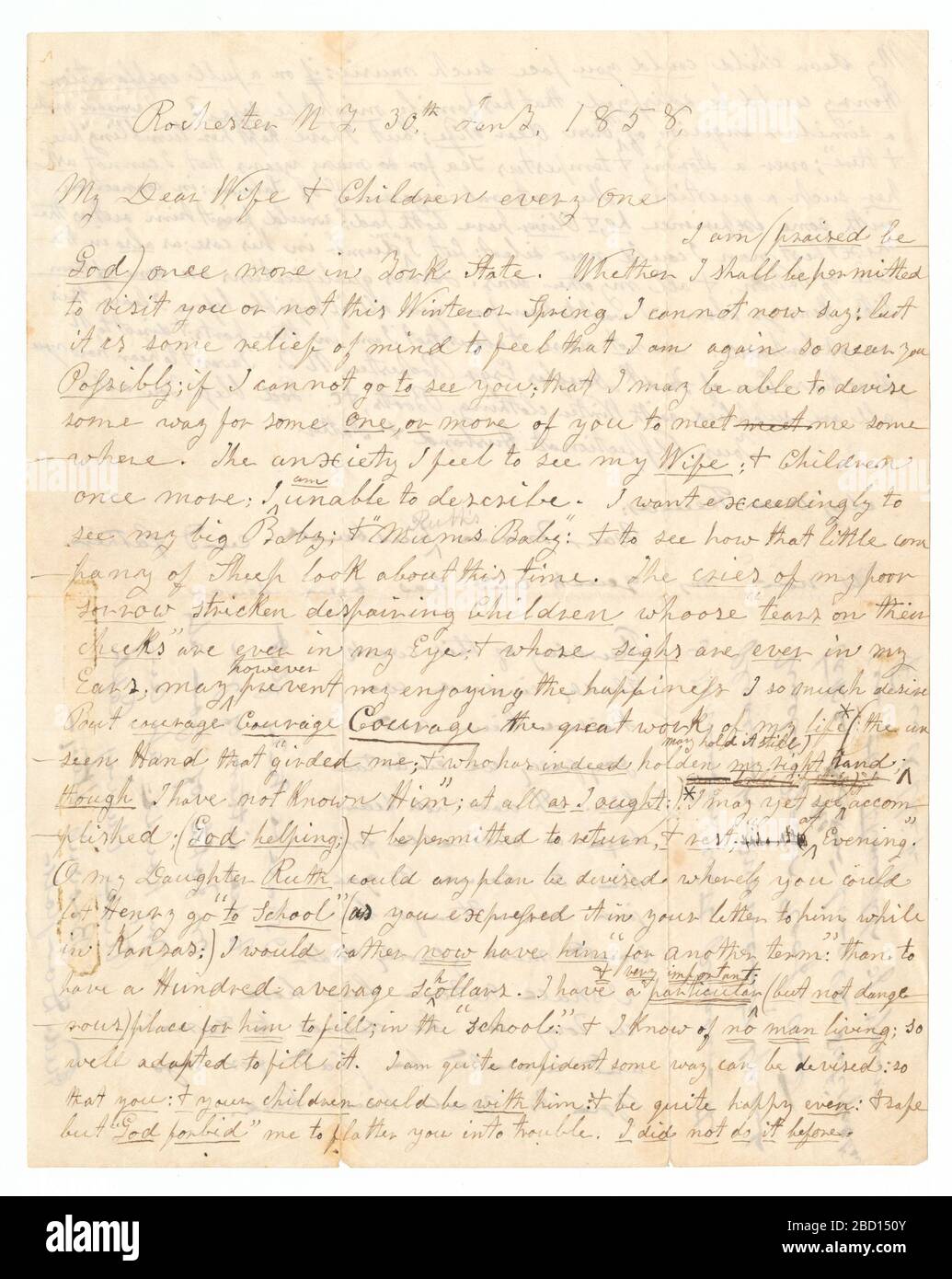 Brief von John Brown und Frederick Douglass an Browns Frau und Kinder. Ein Brief, den John Brown und Frederick Douglass aus Rochester, New York, am 30. Januar 1858 an Browns Frau und Kinder geschrieben haben. Der Brief ist handschriftlich in schwarzer Tinte auf der Vorder- und Rückseite eines einzelnen Blatts Papier. Brief von John Brown und Frederick Douglass an Browns Frau und Kinder Stockfoto