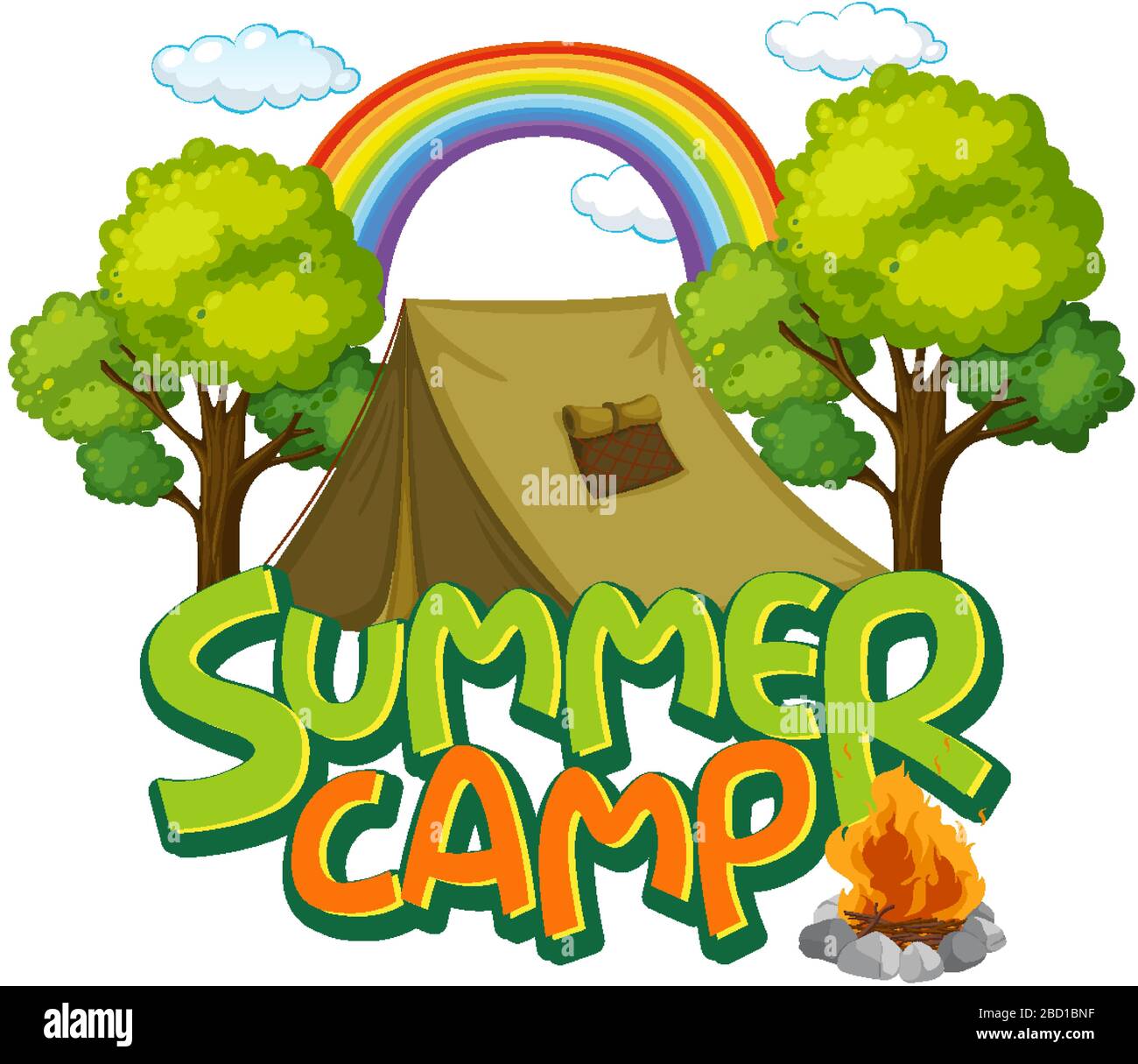 Schriftdesign für Word Summer Camp mit Zelt in der Waldillustration Stock Vektor