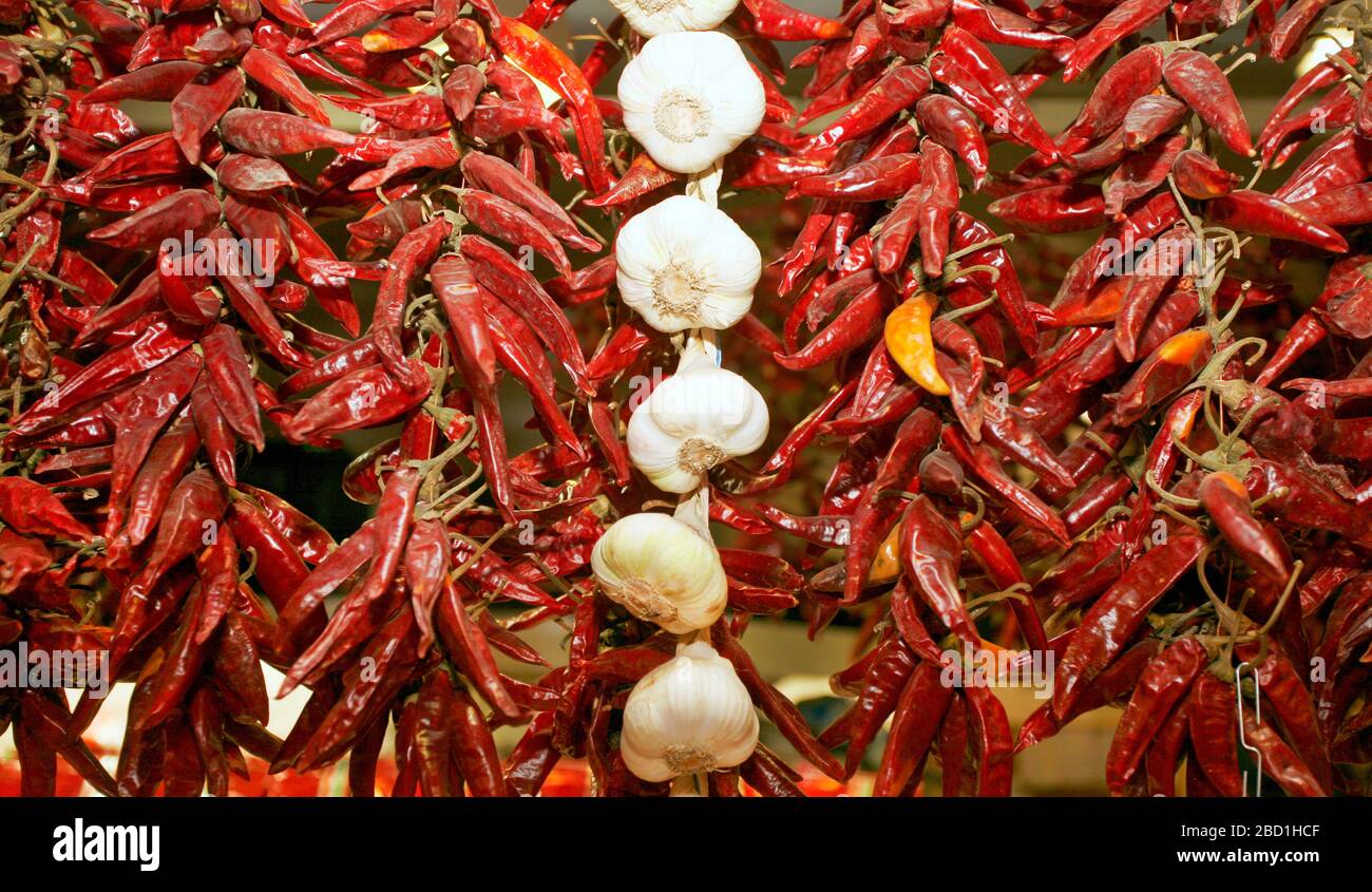 Heiß würzig traditionelle Paprika hängen im Bund auf dem Stadtmarkt Budapest zum Verkauf Stockfoto