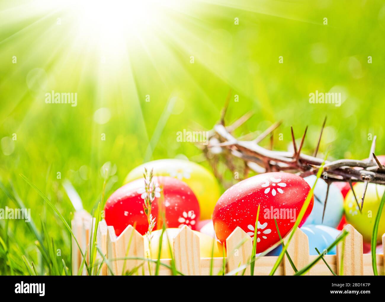 Dornenkrone und bunte Eier in grünem Gras am sonnigen Tag. Osterhintergrund Stockfoto
