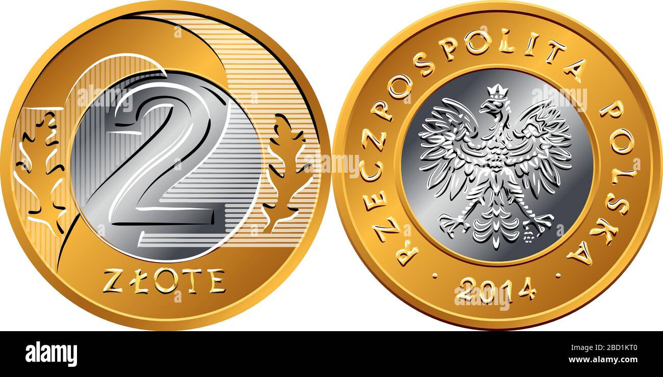 Vektor polnisches Geld zwei zloty Gold- und Silbermünzen mit Adler in goldener Krone auf obverse, Wert und 2 Blättern im Ringteil auf der Rückseite Stock Vektor