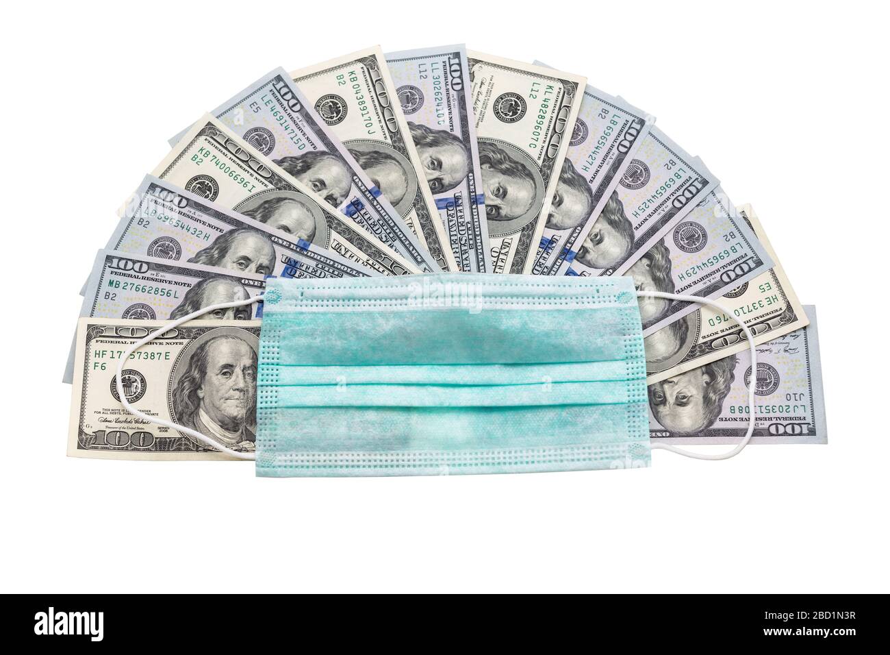 Coronavirus in den USA. 100-Dollar-Geldscheine mit medizinischer Gesichtsmaske, Stockfoto