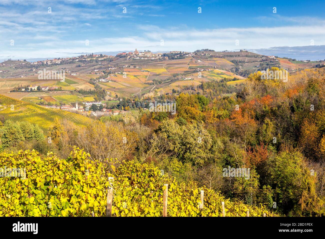 Dorf Diano d'Alba im Herbst, Weinregion Barolo, Langhe, Piemont, Italien, Europa Stockfoto