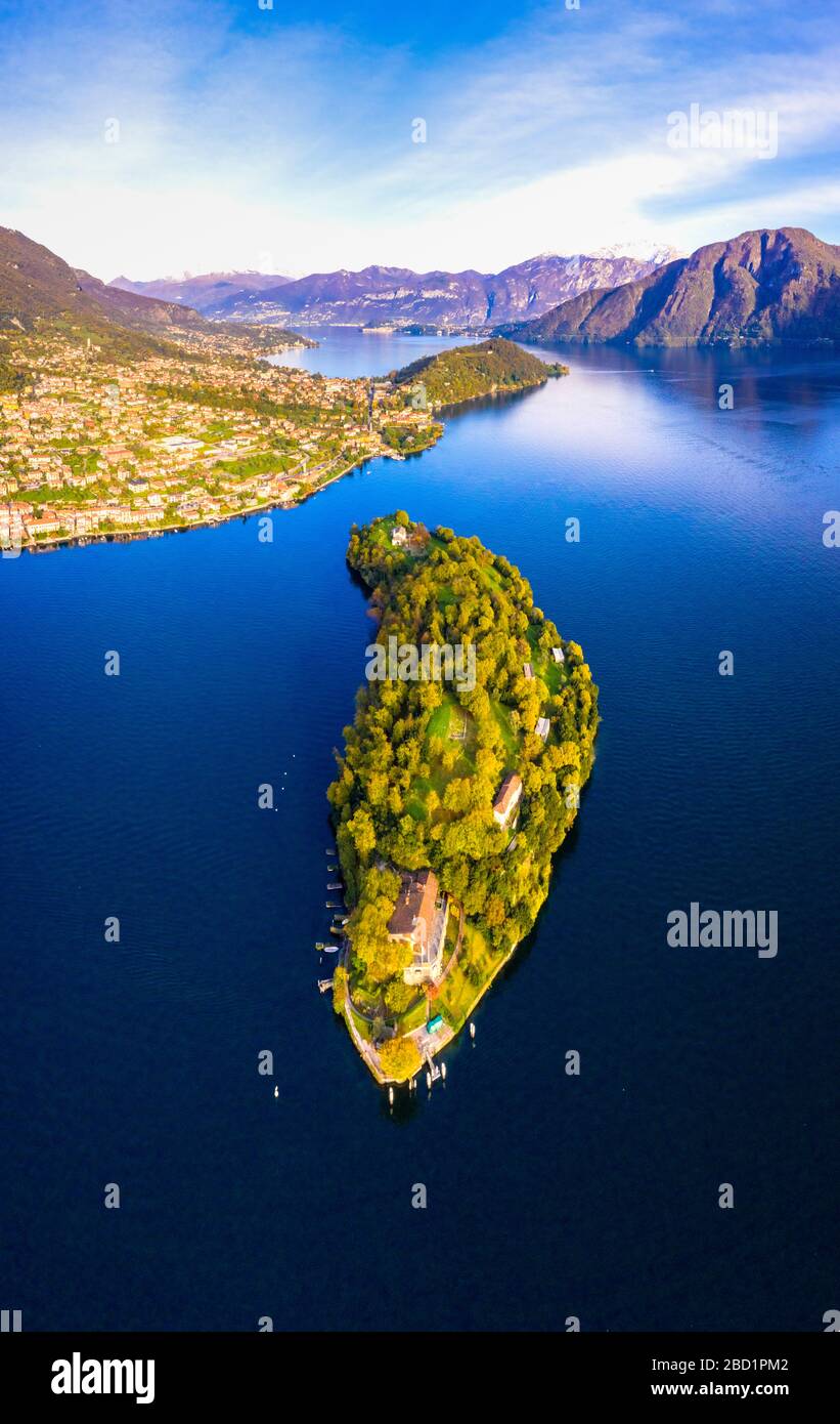 Luftaufnahme der Insel Comacina im Herbst, Comer See, Lombardei, italienische Seen, Italien, Europa Stockfoto