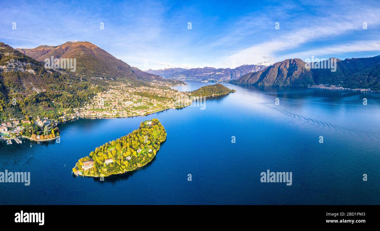 Luftaufnahme von Comacina Island und Tremezzina im Herbst, Comer See, Lombardei, italienische Seen, Italien, Europa Stockfoto