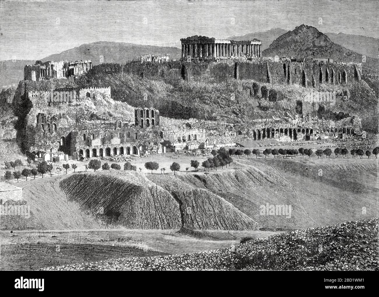 Parthenon und antike Zitadelle der Akropolis oder Athens Griechenland. Vintage oder Old Illustration oder Gravur 1881 Stockfoto