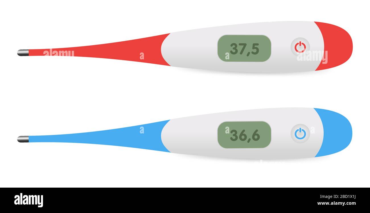 Realistisches elektronisches 3D-Thermometer mit Schatten von oben isoliert auf weißem Hintergrund. Symbol für digitales Gerät mit 36,6 Grad Celsius Stock Vektor