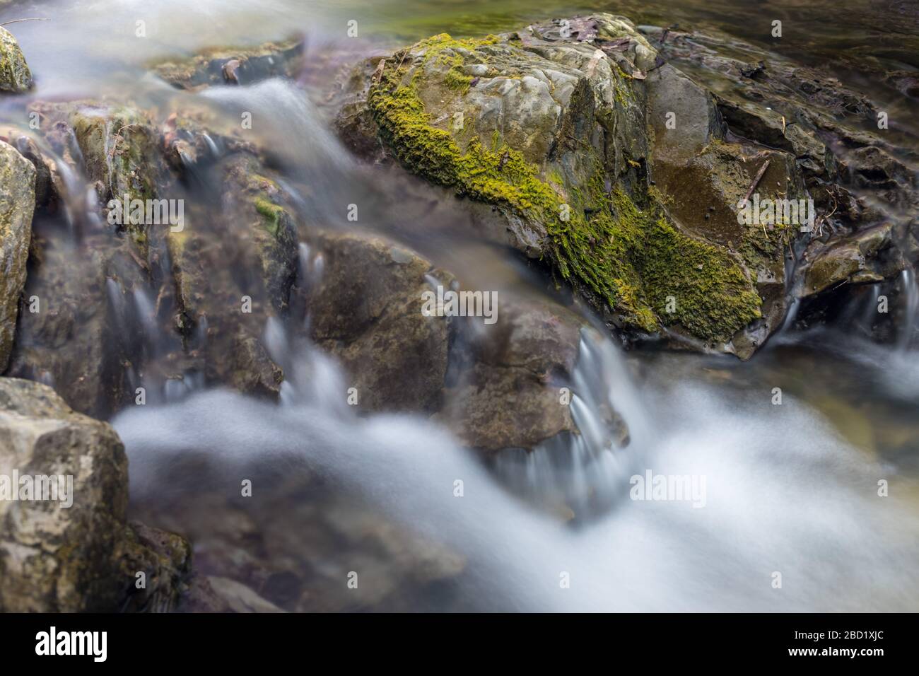 Foto der Natur - lange Einwirkung eines steinigen Gebirgsbaches im Wald. Kleiner felsiger Fluss in den Bergen. Stockfoto