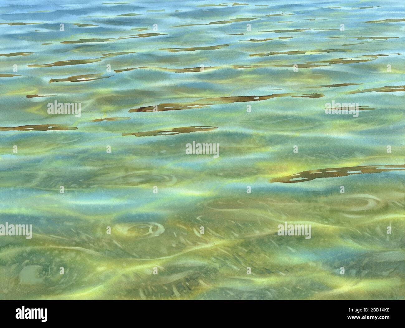 Sonnige Wasser mit transparenten Wellen Aquarell Hintergrund Stockfoto
