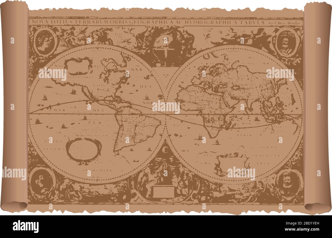 Alte Weltkarte auf dem alten Schriftpapier. Flache Vektorgrafik. Stock Vektor