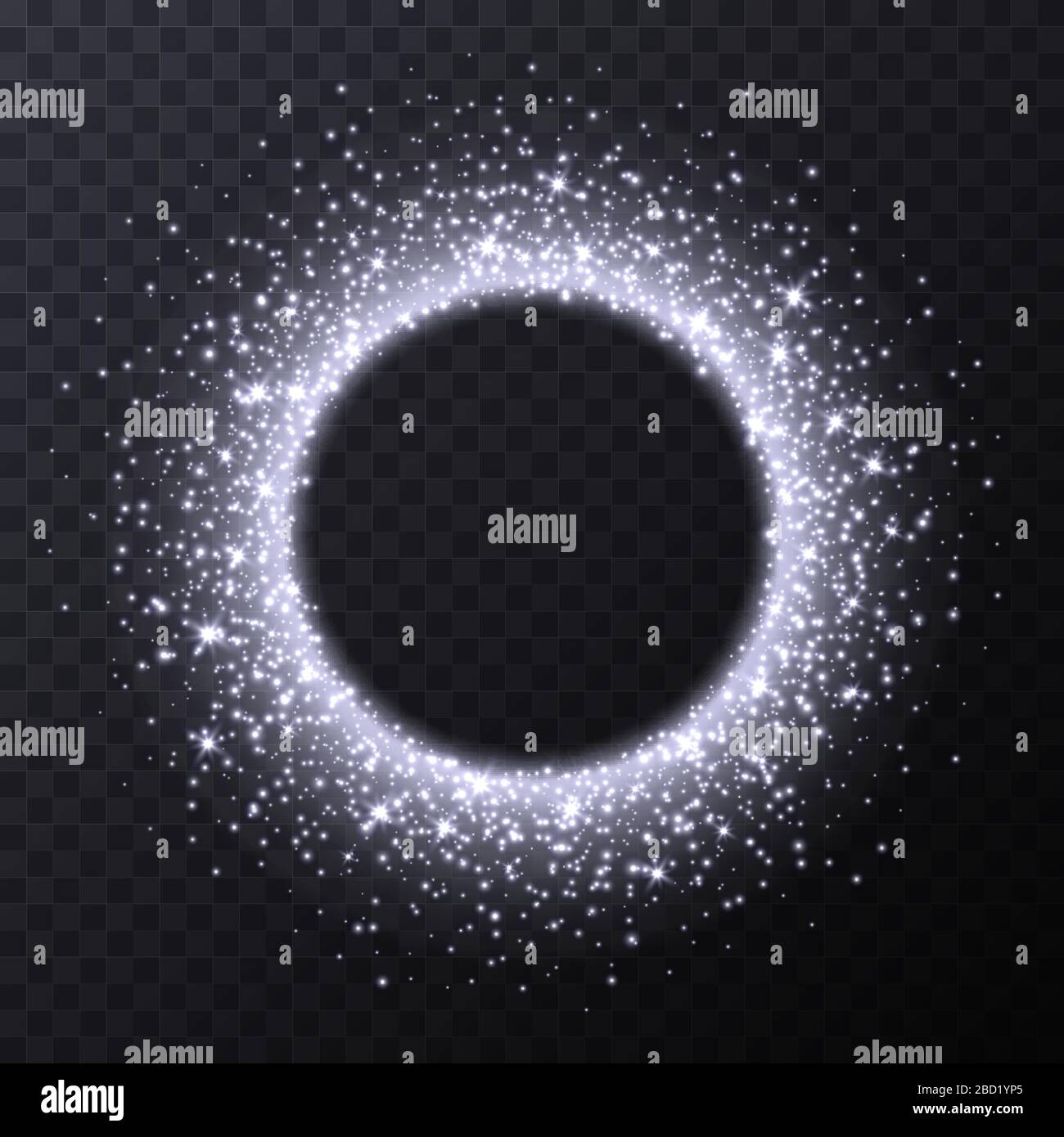 Silberner Kreisrahmen mit Glitzern und Flares, abstrakten Lichtteilchen, weißem Sternenstaub-Lichteffekt. Stock Vektor