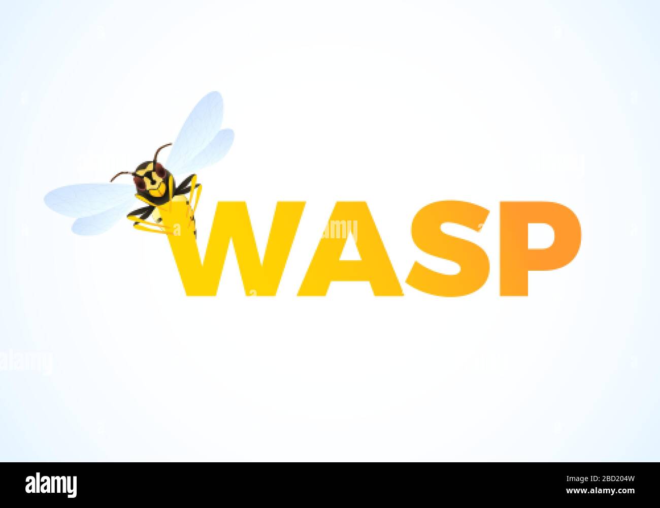 WASP-Cartoon auf Farbtext. Räuberisches Insekt. Gelb gestreifte Wespe. Vektorgrafiken isoliert auf weißem Hintergrund Stock Vektor