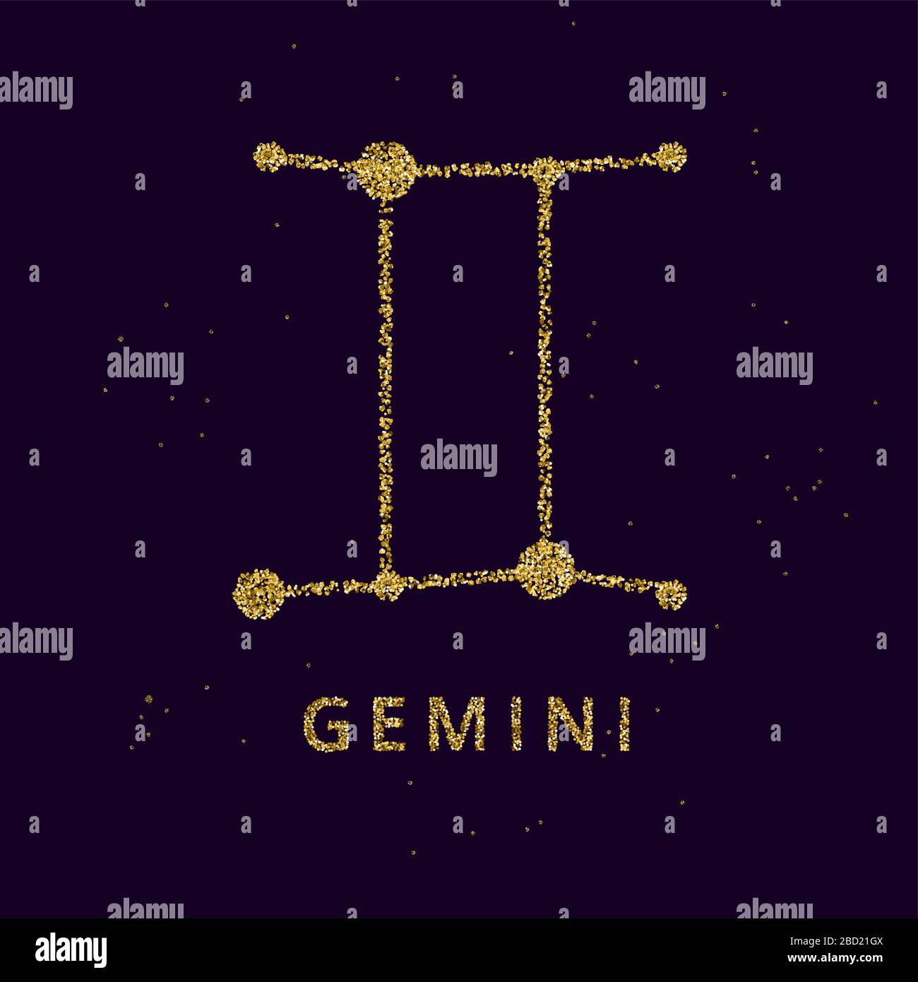 Gemini Zodiac Horoskop Schild, die Astrologie simbol in goldenem glänzendem glitzernden Stil auf schwarzem Himmelshintergrund. Stock Vektor