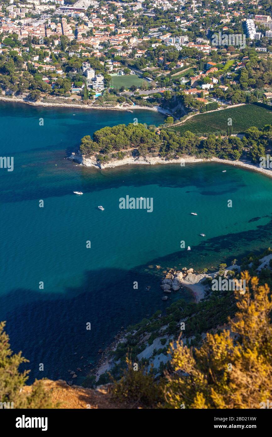 Blick vom Cap Canaille, Bouches-du-Rhône, Frankreich Stockfoto
