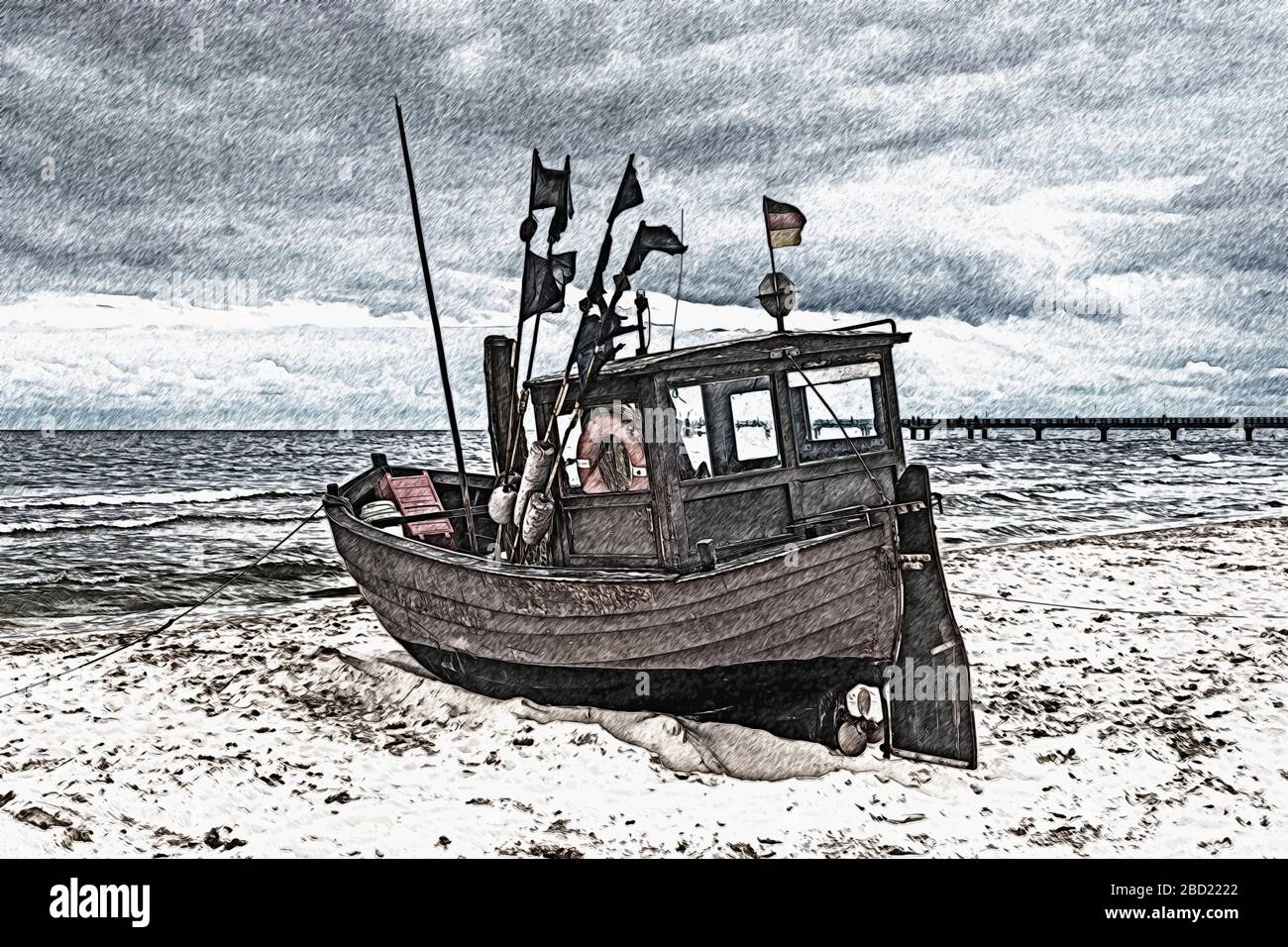 Fischerboot an der Ostsee bei Ahlbeck, Gemeinde Heringsdorf, Insel Usedom, Mecklenburg-Vorpommern, Deutschland, Europa Stockfoto