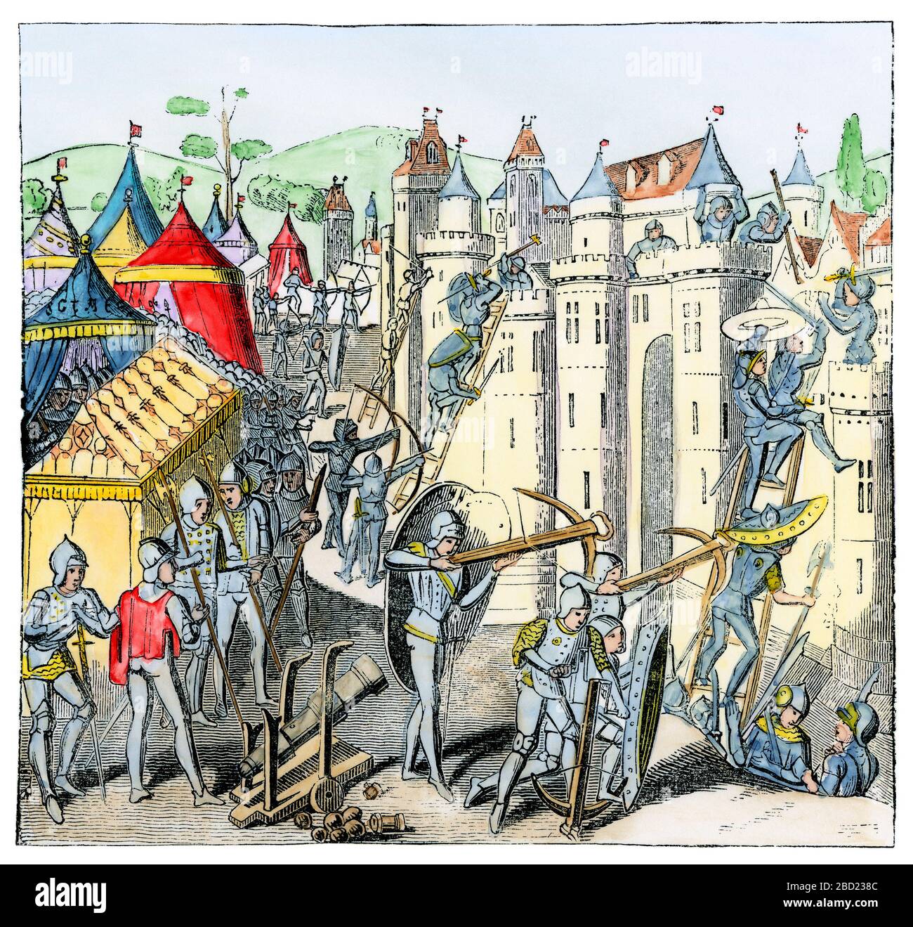Armee stürmt eine Festung in Frankreich, Hundertjähriger Krieg. Handfarbener Holzschnitt Stockfoto