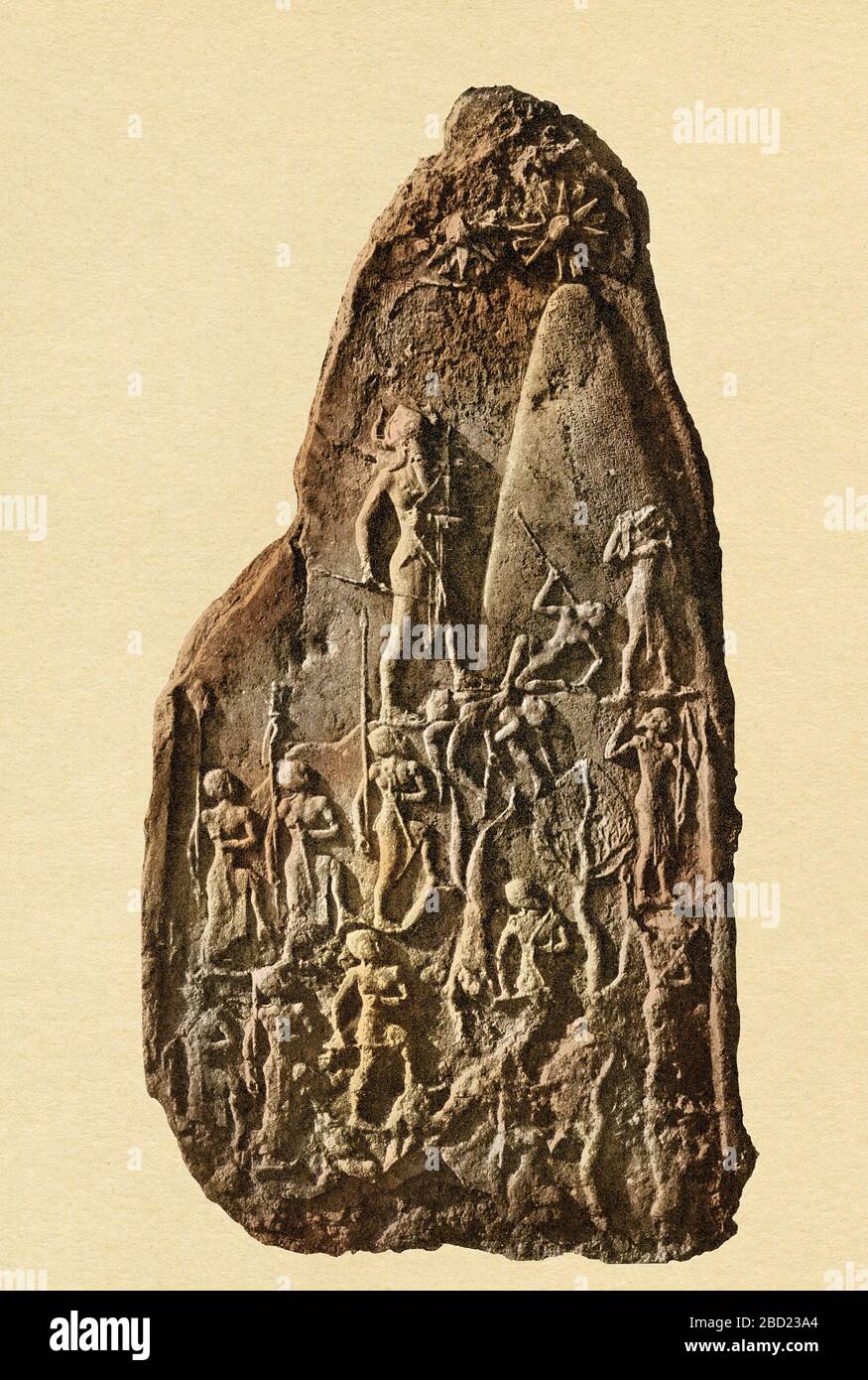 Stele des akkadischen Königs Naram-Sin im Kampf. Digital gefärbter Halbton eines Fotos Stockfoto