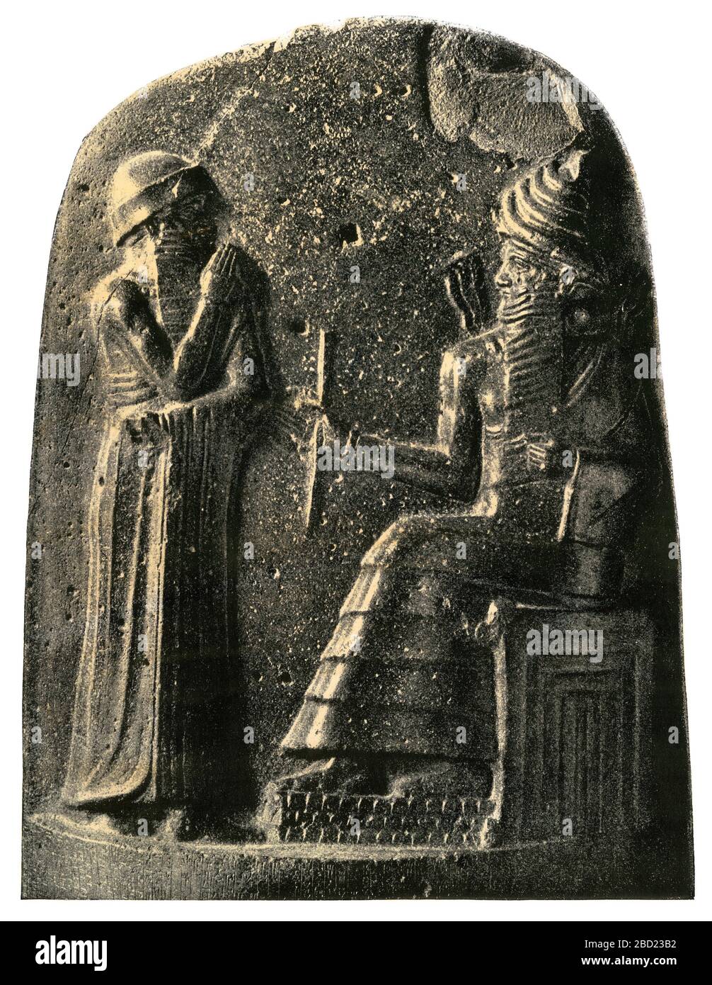 Hammurabi vor dem sonnengott. Handkolorierte Halbtöne von der Stele mit dem Gesetzbuch Stockfoto