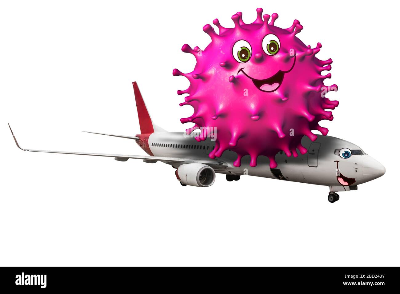 Comics von Coronavirus Epidemie im Flugzeug. Krisenkonzept von Fluggesellschaften, Geschäftsreisen und Tourismus. Flughafen gesperrt und Flug storniert für Stockfoto