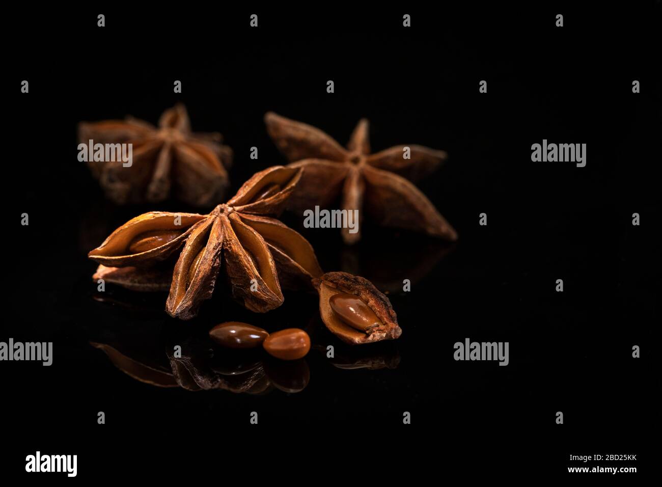 Sternanis und Samen auf Schwarz mit Kopierraum Stockfoto