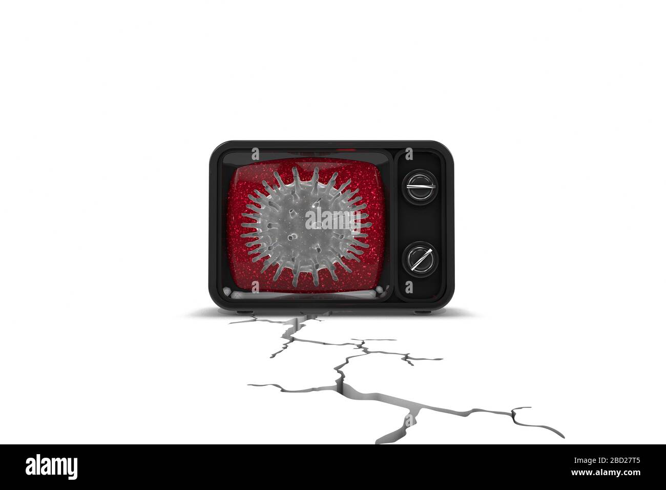 3D-Darstellung: Schwarzer Vintage-Fernseher mit grauer Viruszelle auf dem blutigen roten Bildschirm auf weißem Hintergrund. Risse und Risse darunter. Angst und Panik. Stockfoto