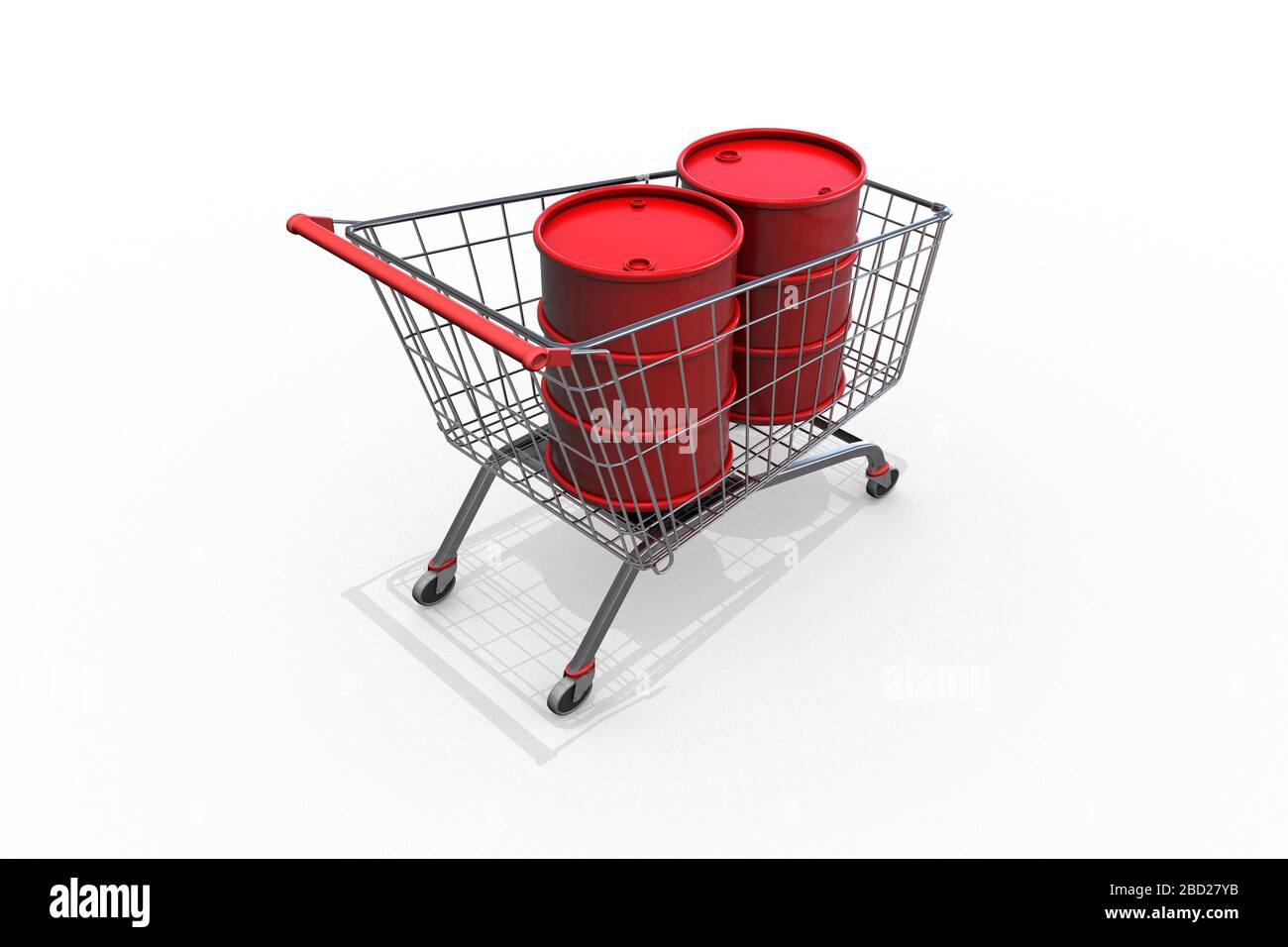 3D-Abbildung: Zwei rote Fässer mit Mineralölprodukten in einem Stahl-Einkaufswagen. Ökonomisches Konzept des Ölkaufs und -Verkaufs. Stockfoto