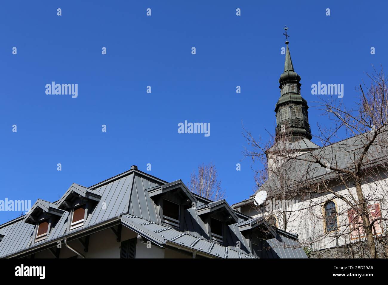 Clocher de l'église Saint-Gervais et Protais. Saint-Gervais-les-Bains. Savoie. Frankreich. Stockfoto