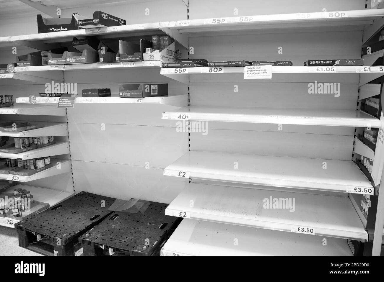 Leere Supermarktregale nach Panikkauf, die während des Ausbruchs von Covid 19 beobachtet wurden Stockfoto