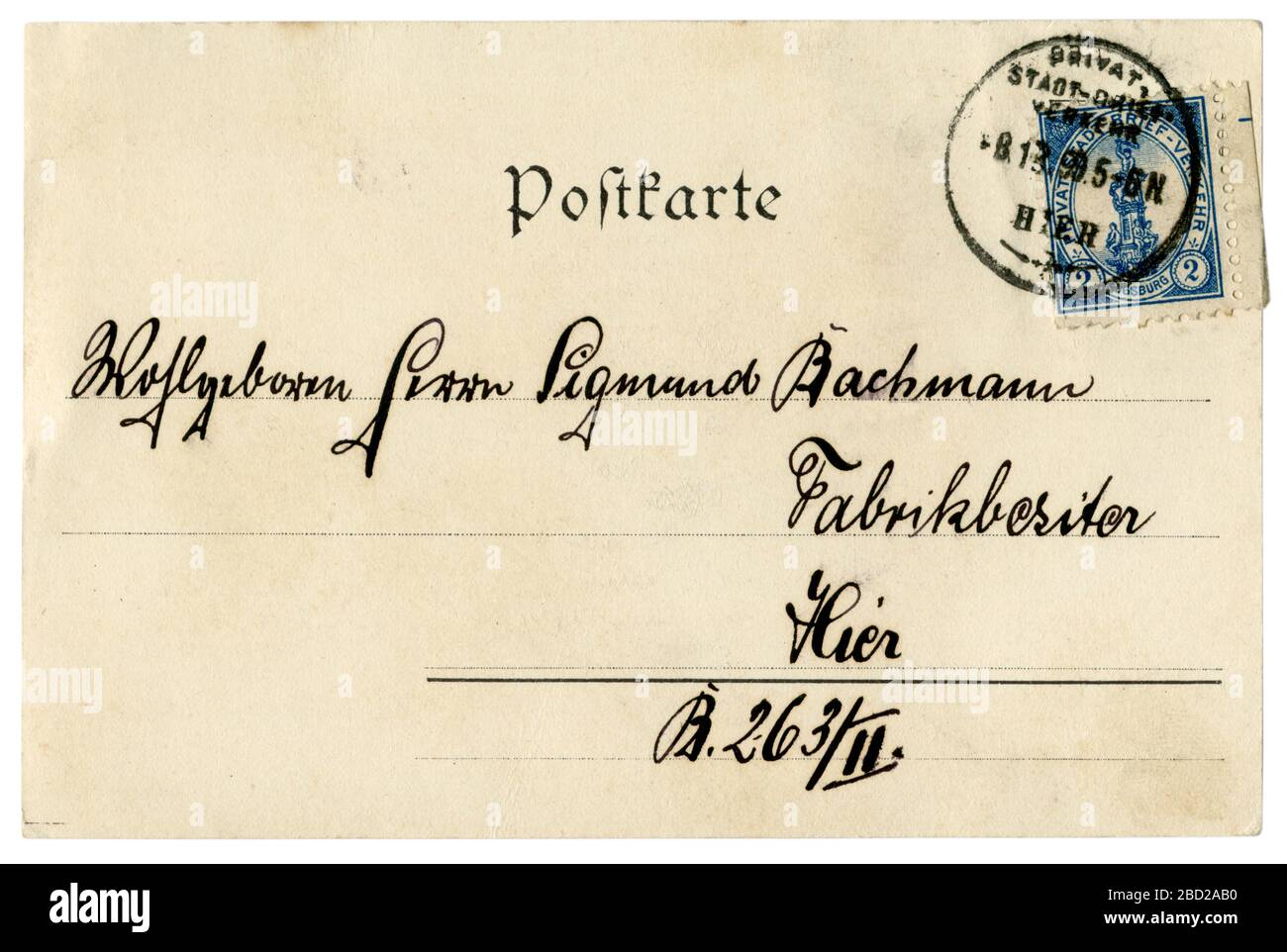 Die Rückseite einer deutschen Postkarte: Handschriftlicher Text in Tinte, Bayerische Briefmarke mit Absage, schwäbische Stadt Augsburg, 1899 Stockfoto