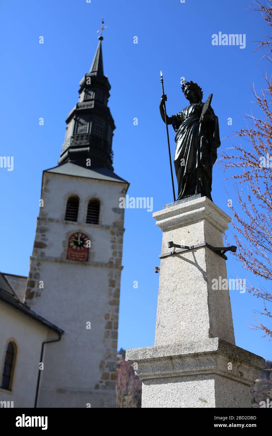 La Justice. Statue. Saint-Gervais-les-Bains. Haute-Savoie. Frankreich. Stockfoto