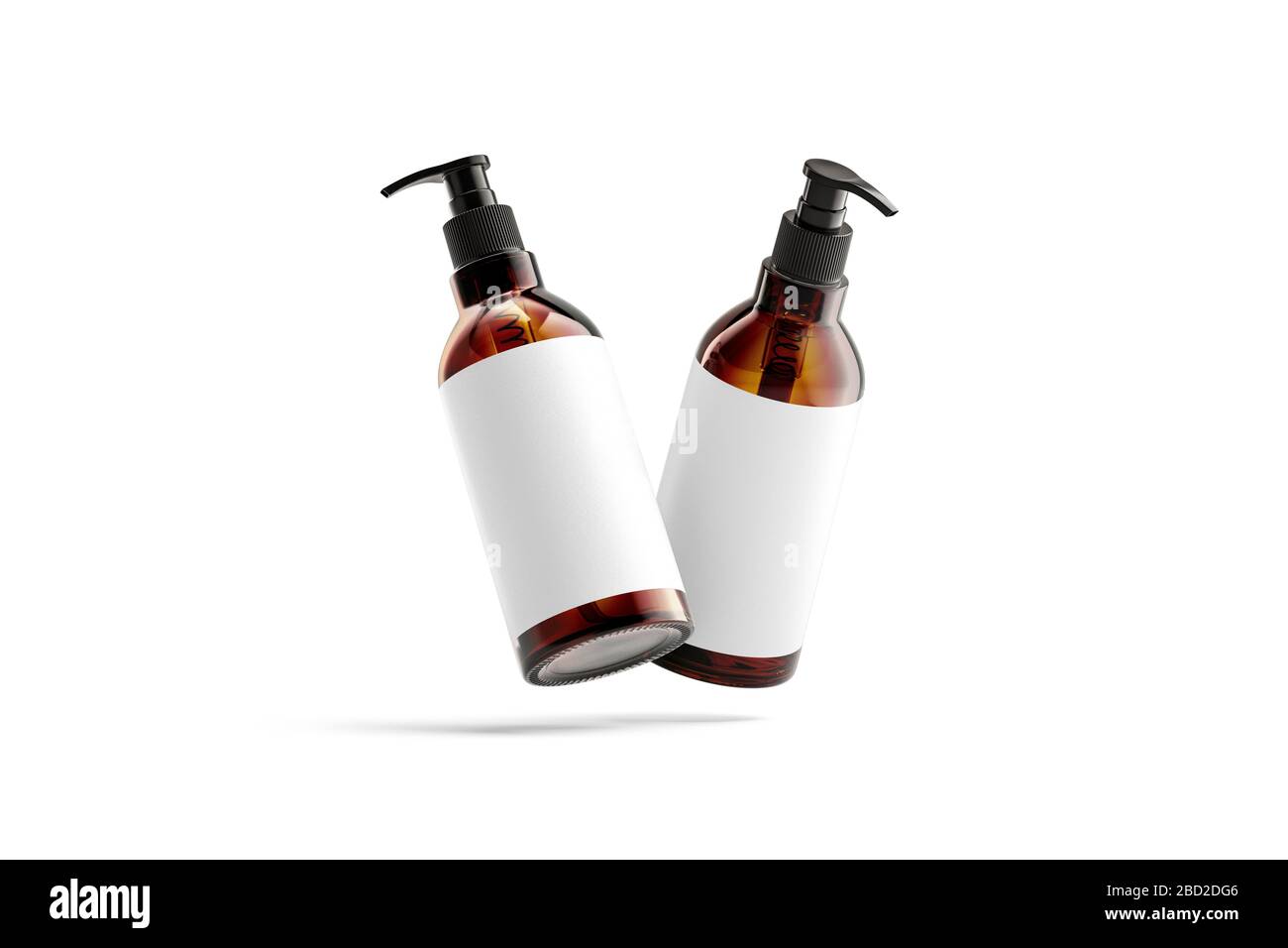 Blanke Amber Glas Pumpflasche mit weißem Mockup, keine Schwerkraft Stockfoto