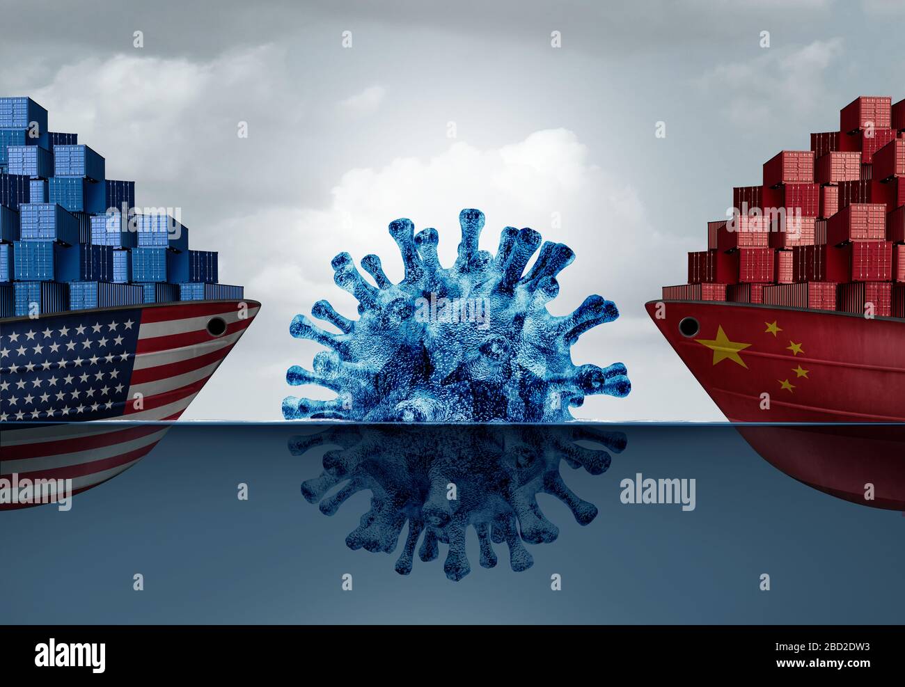 Pandemische Handelskrise als wirtschaftliche Herausforderung Chinas USA und amerikanische chinesische Exporte und Importe Virus-Gesundheitsrisiken als Frachtcontainerschiff. Stockfoto
