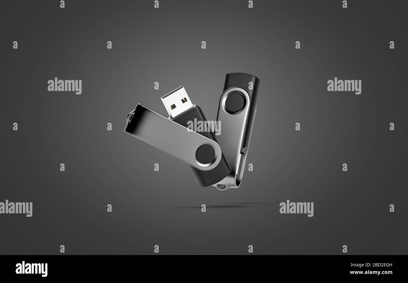 Blank schwarz geöffnet und geschlossen usb-Stick Mockup, dunkler Hintergrund Stockfoto