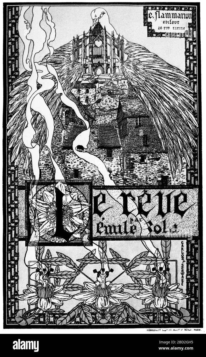 Das Cover von "Le rêve" (der Traum) ein Roman von Émile Zola über ein Waisenmädchen, das sich in einen Adligen verliebt. Das Cover stammt von Carlos Schwabe (66-1926), einem Schweizer Symbolistenmaler und Druckereimacher. Nach seinem Kunststudium in Genf zog er als junger Mann nach Paris, wo er Symbolistenkünstler und Schriftsteller kennenlernte. Im Jahr 1892 war er einer der Maler des berühmten Salon de la Rose + Croix, der von Joséphin Péladan in der Galerie Durand-Ruel veranstaltet wurde. Stockfoto