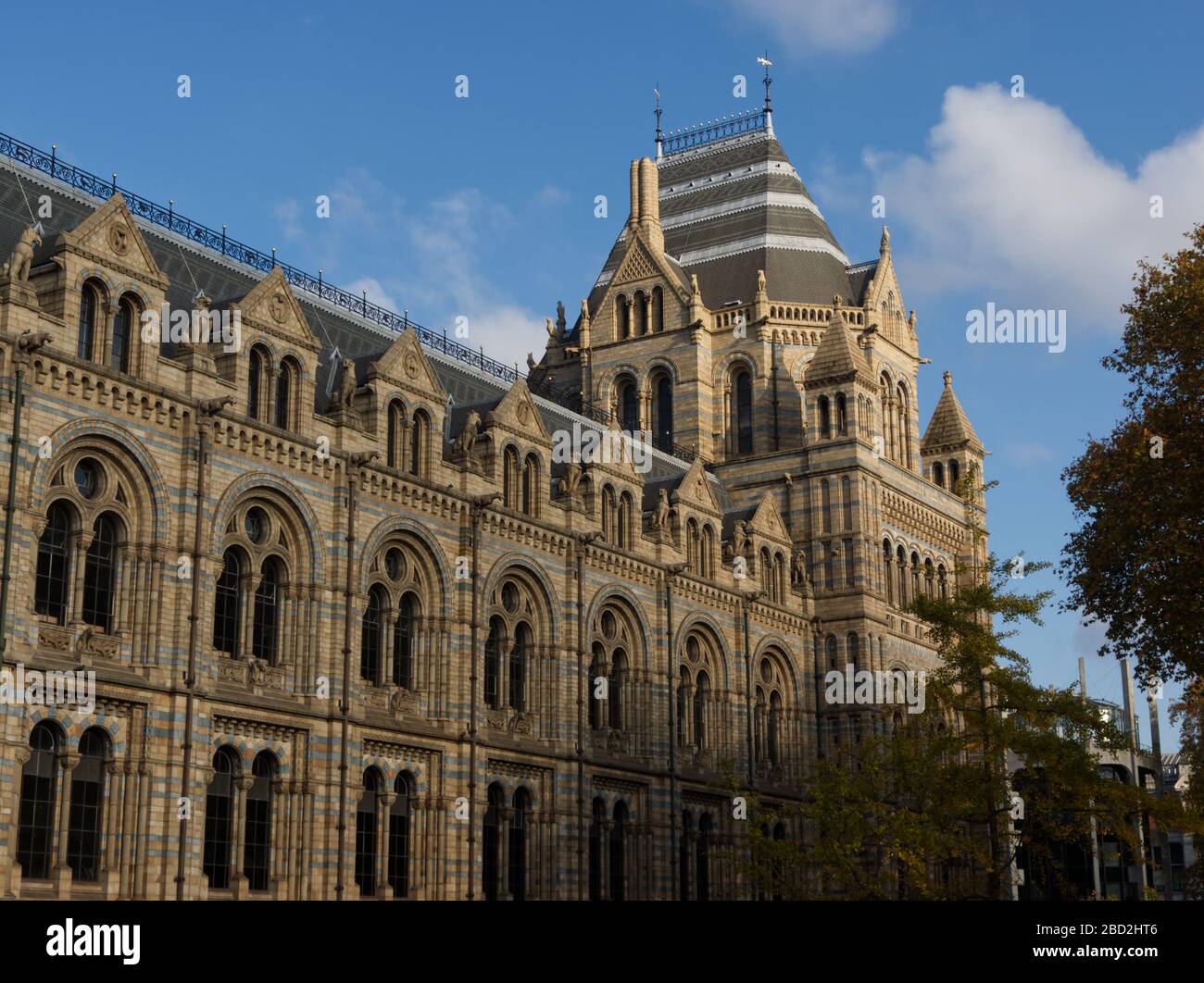 Wundervolle Fassade des Natural History Museum in London mit blauem Himmel Stockfoto