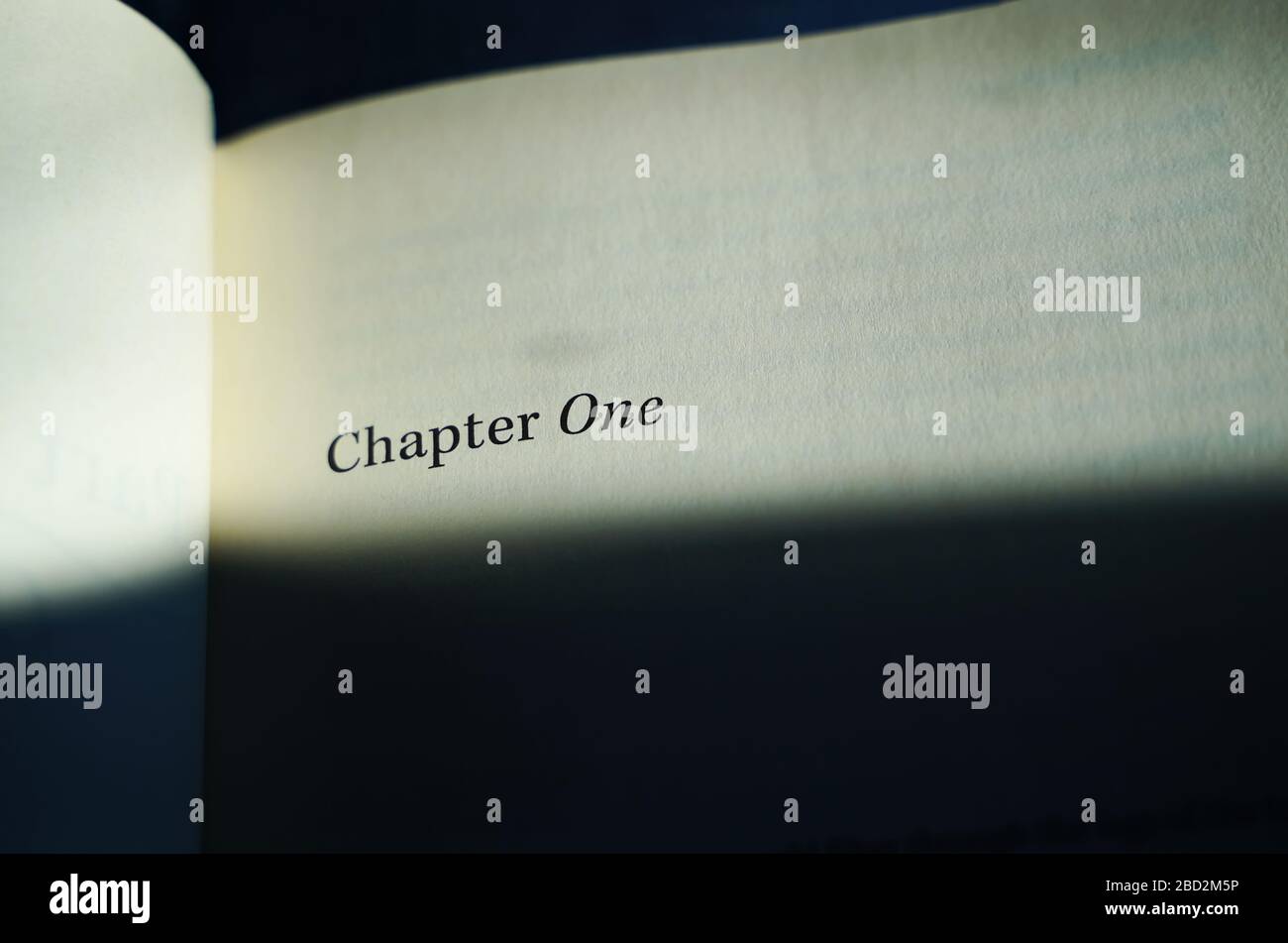 Ein Titel, der ' Kapitel eins' in einer Serifen-Schrift innerhalb eines Buches liest, der teilweise durch Schatten verdeckt ist Stockfoto