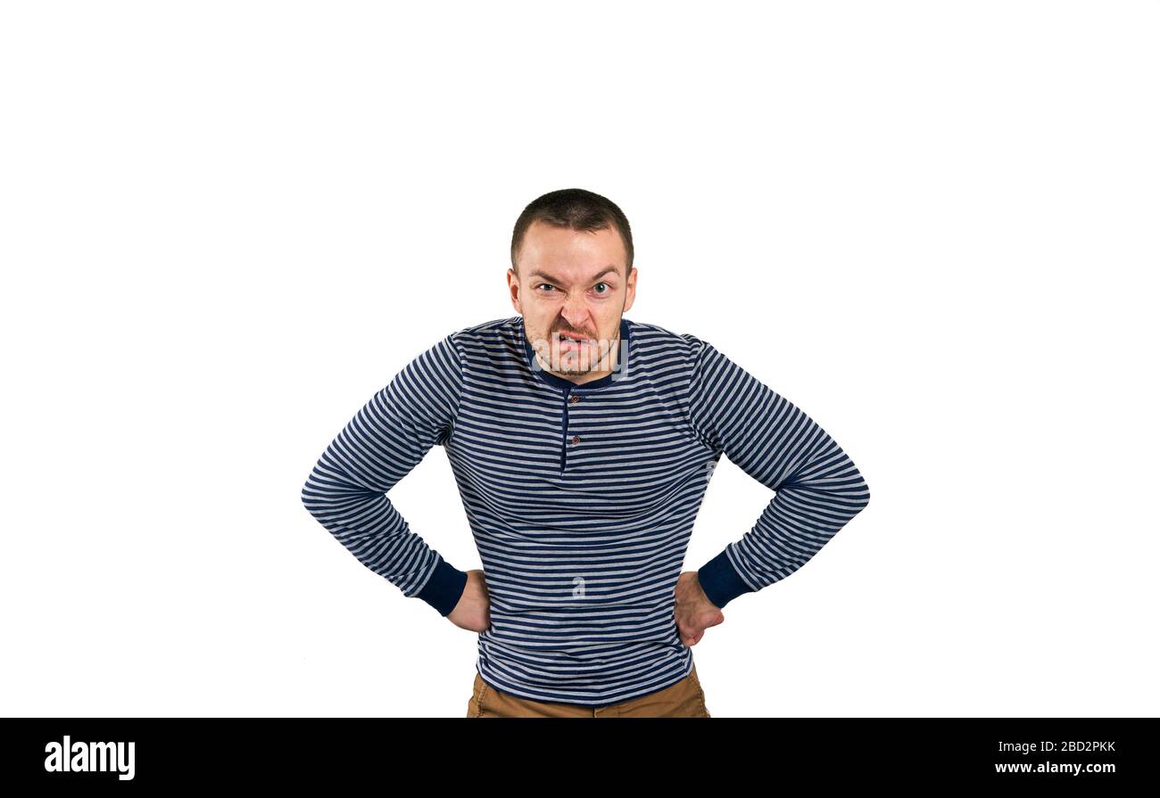 Unrasierter Mann auf weißem Hintergrund mit verschiedenen Emotionen Stockfoto