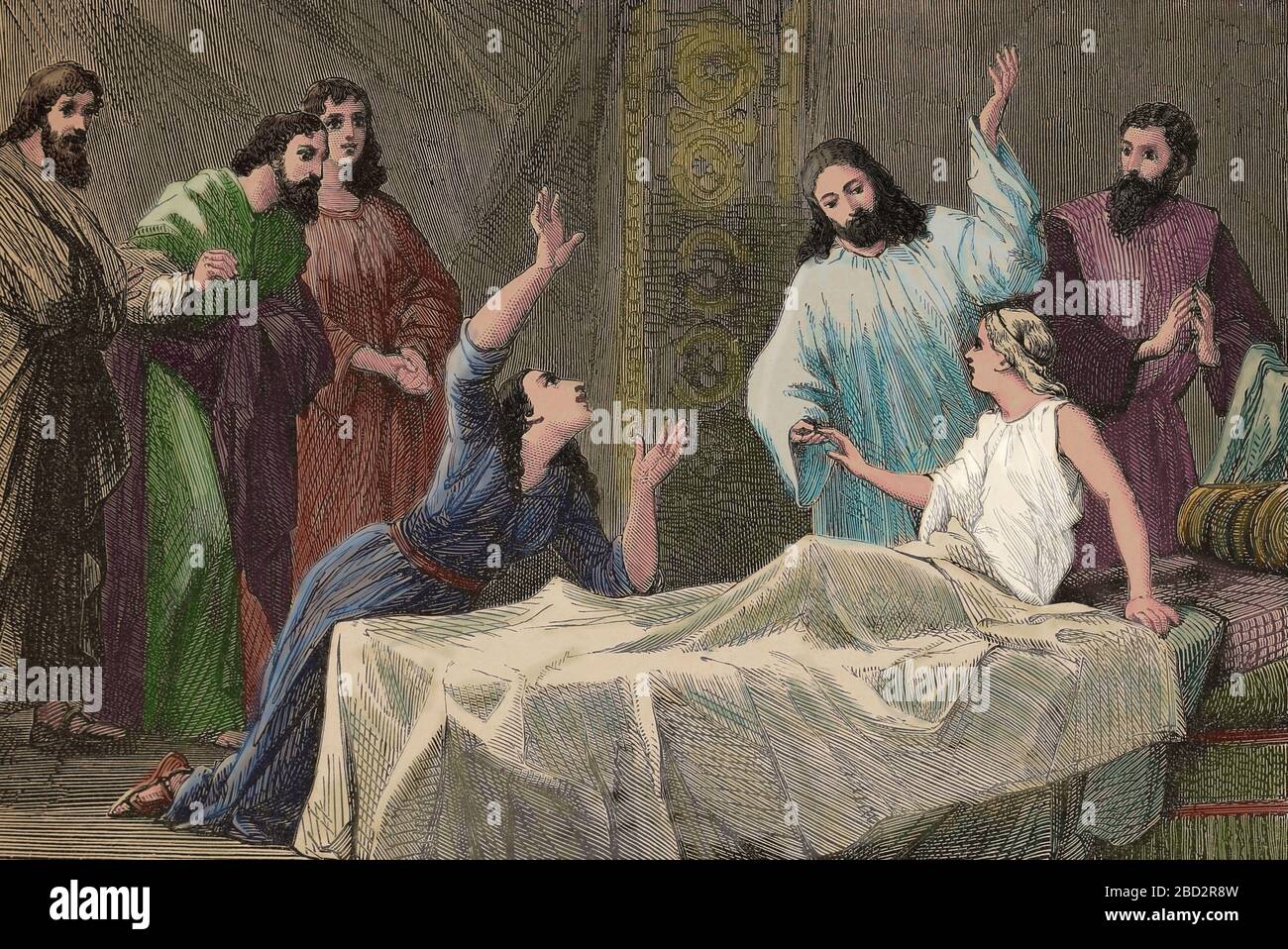 Erziehung von Jairu Tochter. Wunder Jesu in den Evangelien Markus, Mattheus und Lukas. Gravur, 19. Jahrhundert. Stockfoto
